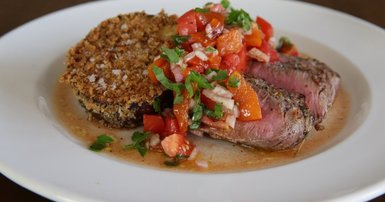Crumbed eggplant with tomato and red capsicum salsa & lamb
